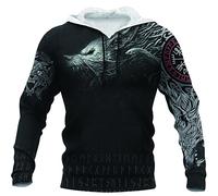 Sweat À Capuche Nordique pour Homme en Peluche, Viking 3D Imprimé Odin Wolf Fenrir Tattoo Totem Zipper Hiver Vêtements Chauds Streetwear Femme Sweat À Capuche Veste Costume,Hoodie,XS