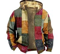 Sweat a Capuche Patchwork a Carreaux pour Hommes, Veste Ethnique a Imprimé Aztèque 3D Vintage de Style Occidental, Manteau D'hiver Manches Longues Fermeture Éclair(Coat G,XL)