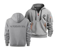 Sweat À Capuche Polaire pour Homme Et Femme Pull-Over pour Supernatural Unisexe Adulte Sweat-Shirt À Capuche 1/4 Zip Printemps-Automne Manches Longues avec Poches,Light Gray-3x_l