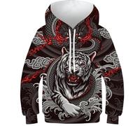 Sweat à capuche pour bébé Padan pour enfants, garçons et filles, pull à capuche drôle imprimé 3D tops pull vêtements de sport pour jeunes, Tigre et dragon, 10-12 Years