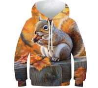 Sweat à Capuche pour Enfants, Motif écureuil Mangeant des Noix en Automne, Sweat à Capuche pour garçons et Filles, Amusant et Cool, Manches Longues, léger, 6-7 Ans