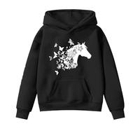 Sweat à Capuche pour Enfants-Version imprimé Cheval Manches Longues Basique et Confortable Parfait pour activité Physique et Temps Libre (Black, 8-9 Years)