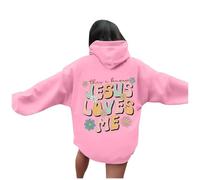 Sweat à capuche pour femme avec inscription « Jesus Jesus Loves Me » - Lettre chrétienne - Confortable - Graphique - Pour adolescents - Décontracté - Avec motifs - Priez le Seigneur - Faith, rose, XXL
