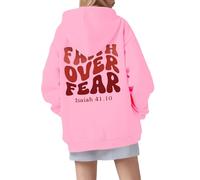 Sweat à capuche pour femme Christian Faith Over Fear Fall Graphic Jésus dessin animé Pull Pray The Lord Trendy Drawstring Letter Fleece Lined with Hood Tops Loose Fit Thin Religious God, rose, XXL