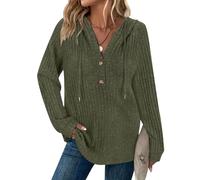 Sweat à capuche pour femme dames pulls hauts manches longues cordon de serrage bouton col en V décontracté pullover sweatshirt printemps automne hiver tunique vêtements, vert militaire, L
