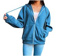 Sweat à capuche pour femme - Fermeture éclair - Pull à capuche - Manches longues - Couleur unie - Sweat-shirt basique avec poches - Pull avec cordon de serrage réglable - Pull d'automne, bleu, M