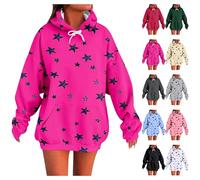 Sweat à capuche pour femme - Grande taille - Motif étoile noire - Tendance - Ample - Décontracté - Manches longues - Avec poche, Rouge, L