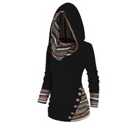Sweat à capuche pour femme - Imprimé géométrique tribal - Manches longues - Sweat à capuche décontracté - Pull irrégulier - Rayé - Automne - Vêtements de foi - Sweat à capuche, O Noir., XXL