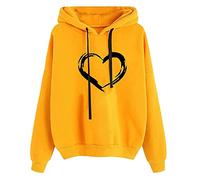 Sweat à capuche pour femme - Pull classique à capuche avec cordon de serrage et poches - Imprimé cœurs - Pull décontracté et confortable - Coupe ample - Haut à manches longues, Jaune-2., XXL