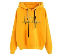Sweat à capuche pour femme - Pull classique à capuche avec cordon de serrage et poches - Imprimé cœurs - Pull décontracté et confortable - Coupe ample - Haut à manches longues, Jaune-1., M
