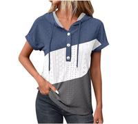 Sweat à Capuche pour Femmes Tee Shirt avec Boutons Bloc de Couleur Creux Manches Courtes Chemises Pull Col V Casual Décontractés Quotidiennes T-Shirt D'été Mode Lâche Respirant Tops Tendance