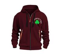 Sweat à capuche pour homme avec imprimé trèfle amusant à manches longues et fermeture éclair intégrale pour homme - Pull à capuche décontracté - Coupe ample, Rouge, XXL