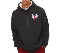 Sweat à capuche pour homme en polaire Sherpa doublé avec imprimé cœur et drapeau du Royaume-Uni Pull chaud à manches longues pour l'automne, Sweats à capuche noirs pour hommes, XXL