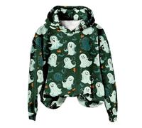 Sweat à capuche Qversize pour femme à manches longues - Joli fantôme et citrouille - Imprimé décontracté - Tendance - Automne et hiver - Grande taille - Sweat-shirt d'Halloween, Vert, 3XL