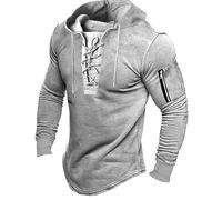 Sweat à capuche rétro avec cordon de serrage pour homme - Sweat à lacets - Délavé - Style steampunk - Pull d'extérieur avec poches zippées - Pull médiéval, gris, XL