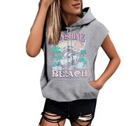 Sweat à Capuche sans Manches pour Femme Lettres Imprimées Sweat-Shirt Hoodie Casual Basique Vêtements de Sport T-shirt d'été à Manches Courtes - Couleur unie - Avec cordon de serrage Chemisier Haut
