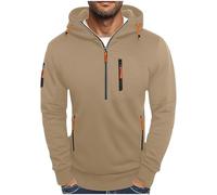 Sweat à capuche semi-zippé pour homme - Coupe ajustée - Poches zippées - Extensible - Patchwork - Couleur unie - Léger et respirant - Vêtements d'extérieur décontractés et tendance, kaki, XL