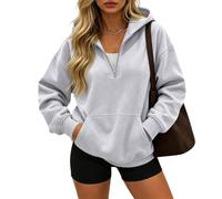 Sweat à capuche semi-zippé surdimensionné à manches longues avec poche kangourou pour femme, gris, S