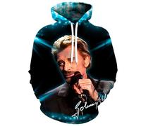 Sweat à capuche style musique rock, pull à manches longues imprimé 3D, commémorant la superstar Johnny Hallyday, tissu peluche court adapté pour une tenue décontractée en automne et en hiver pour