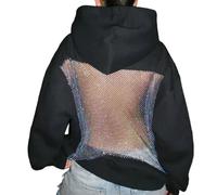 Sweat à capuche surdimensionné en maille de cristal pour femme - Pull décontracté à manches longues - Tenue d'hiver et d'automne - Dos ouvert - Drapé dans un sweat à capuche en maille de cristal, Noir