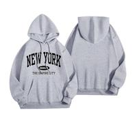 Sweat à capuche surdimensionné pour femme avec imprimé New York - Sweat à capuche décontracté de style universitaire - Sweat-shirt large avec détail Brooklyn, Style_p04 Gris, XL