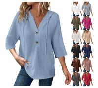 Sweat à capuche surdimensionné pour femme - Col en V - Pull tendance - Manches 3/4 - Manches 3/4 - Chemises à boutons, beige, XXL