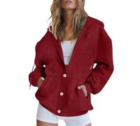 Sweat à capuche surdimensionné pour femme - Fermeture éclair - Veste de survêtement cropped - Pull pour femme - Automne et hiver - Cardigan - Couleur unie - Manches de poche, rouge, M