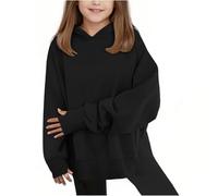 Sweat à capuche surdimensionné pour fille avec trou pour le pouce - Pull tendance à fente latérale - Automne et hiver - Manches longues - Patchwork uni, Noir , 9-10 ans