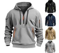 Sweat à capuche tactique pour homme avec fermeture éclair 3/4 - Veste militaire semi-zippée à manches longues - Style décontracté - Uni - Léger - Pour le sport - Pull à capuche multi-poches, Noir , L