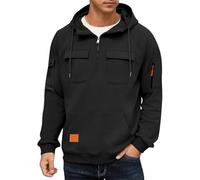 Sweat à capuche tactique pour homme - Fermeture éclair 1/4 - Cordon de serrage - Avec deux poches à rabat - Pull d'extérieur à manches longues - Pull militaire à capuche à manches longues, Noir , L