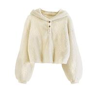Sweat à capuche teddy pelucheux à manches longues court pour filles - Couleur unie - Chaud - Ample - Boutonné - Pull à capuche - Veste polaire sherpa - Haut - Vêtements d'automne et d'hiver, beige, 4