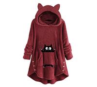 Sweat à capuche tendance en polaire avec oreilles de chat pour femme - Imprimé mignon - Manches longues - Haut décontracté, 1-Rouge, XXL