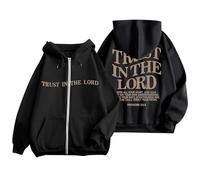 Sweat à capuche Trust In The Lord Jesus pour femme avec doublure en polaire Backwoods - Fermeture éclair - Cordon de serrage - Joli et léger - Confort occidental essentiel Y2K, Noir , XL