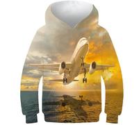 Sweat à Capuche Unisexe 3D Avion au-Dessus de la mer pour Enfants Pull imprimé garçons et Filles Sweat-Shirt à Capuche avec Poches 10-12 Ans
