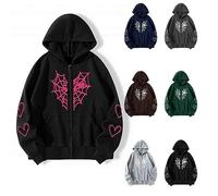 Sweat à capuche unisexe avec cœur imprimé toile d'araignée avec fermeture éclair intégrale, coupe ample, veste à capuche surdimensionnée Y2K avec imprimé cœur et cordon de serrage, sweat à capuche à
