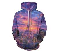 Sweat À Capuche Unisexe avec Impression Coucher Soleil sur La Tour Eiffel À Paris 3D pour Homme Et Femme avec Poche Kangourou,Paysage Urbain Naturel