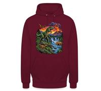 Sweat à capuche unisexe aventure dinosaure avec volcan | Vivez une aventure passionnante de dinosaures avec T-Rex et volcan aux couleurs vives.