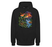 Sweat à capuche unisexe aventure dinosaure avec volcan | Vivez une aventure passionnante de dinosaures avec T-Rex et volcan aux couleurs vives.