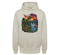 Sweat à capuche unisexe aventure dinosaure avec volcan | Vivez une aventure passionnante de dinosaures avec T-Rex et volcan aux couleurs vives.