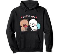 Sweat à capuche unisexe Kawaii Panda Bear Hug Bubu And Dudu I Love You Flower pour la Saint-Valentin, Noir , L