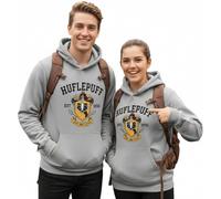 Sweat à capuche unisexe Poufsouffle sous licence Harry Potter, tissu chaîne et imprimé bouffant, avec drapeau brodé Quidditch sur les manches, anthracite, Poufflepuff, L