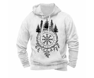 Sweat à capuche viking pour homme avec motif Vegvisir et forêt - Sweat à capuche de style nordique avec runes | Sweat-shirt lié à la nature, Stil_q03 Blanc, L