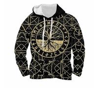 Sweat à capuche viking pour homme avec Yggdrasil et cercle de runes - Impression 3D - Style nordique - Sweatshirt mystique avec arbre de vie, Style_g01 Gold, M