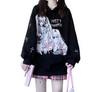 Sweat à capuche Y2k Anime japonais Manga Sweatshirt Kawaii Grunge Gothique Esthétique Dark Academia Rose Alt Emo Pullover, noir, Large