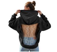 Sweat à Capuche Y2K Grunge Crystal Mesh Back Hoodie Femme Manches Longues Dos en Haut à Paillettes Strass étincelants en Maille Ajourée Oversize Sweatshirts Festival Costume de fête (Bleu foncé, XL)