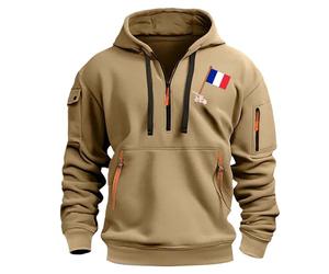 Sweat à capuche zippé 1/4 pour homme, surdimensionné, sweat-shirt couleur unie imprimé drapeau français, vêtements de sport, manches longues, cordon de serrage, sweat à capuche extensible, veste à