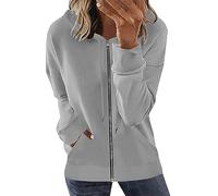 Sweat à capuche zippé à manches longues décontracté côtelé pour femme - Cardigan ample et confortable - Veste mi-saison d'automne avec poches, gris, S
