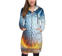 Sweat à Capuche zippé décontracté à imprimé Balle de Golf pour Femme, Coupe Ample, Moderne, Abstrait, Longueur Genou, Vestes Longues Bleu foncé