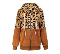 Sweat à capuche zippé en polaire pour femme - En flanelle - Imprimé léopard - Patchwork - Décontracté - Double peluche, kaki, S