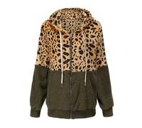 Sweat à capuche zippé en polaire pour femme - En flanelle - Imprimé léopard - Patchwork - Décontracté - Double peluche, vert militaire, S